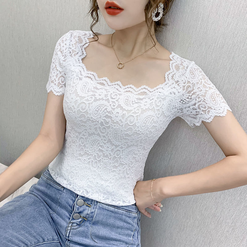 Lace Top Women's 2023 New Fashion Square Collar Sexy Hollow Elegant Niche Design Western Style Small Shirt T-shirt Lace Top Women's 2023 New Fashion Square Collar Sexy Hollow Elegant Niche Design Western Style Small Shirt T-shirt