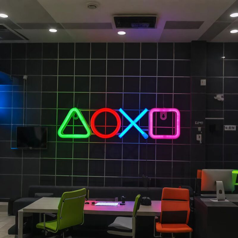 PS Game Symbol LED Neon Wall Hanging E-sports Style Atmosphere Light Room Decorative Light Creative Game Surrounding