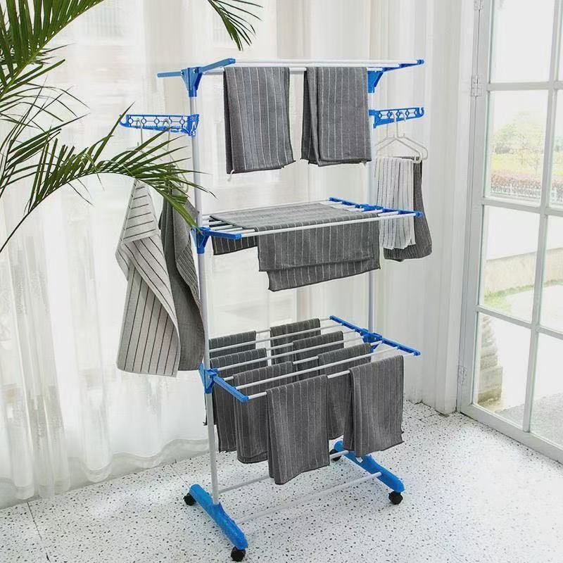 Mobile Multi-Layer Clothes Drying Rack Towel Drying Rack Household Floor-Standing Folding Double-Pole Clothes Drying Rack Clothes Hanger