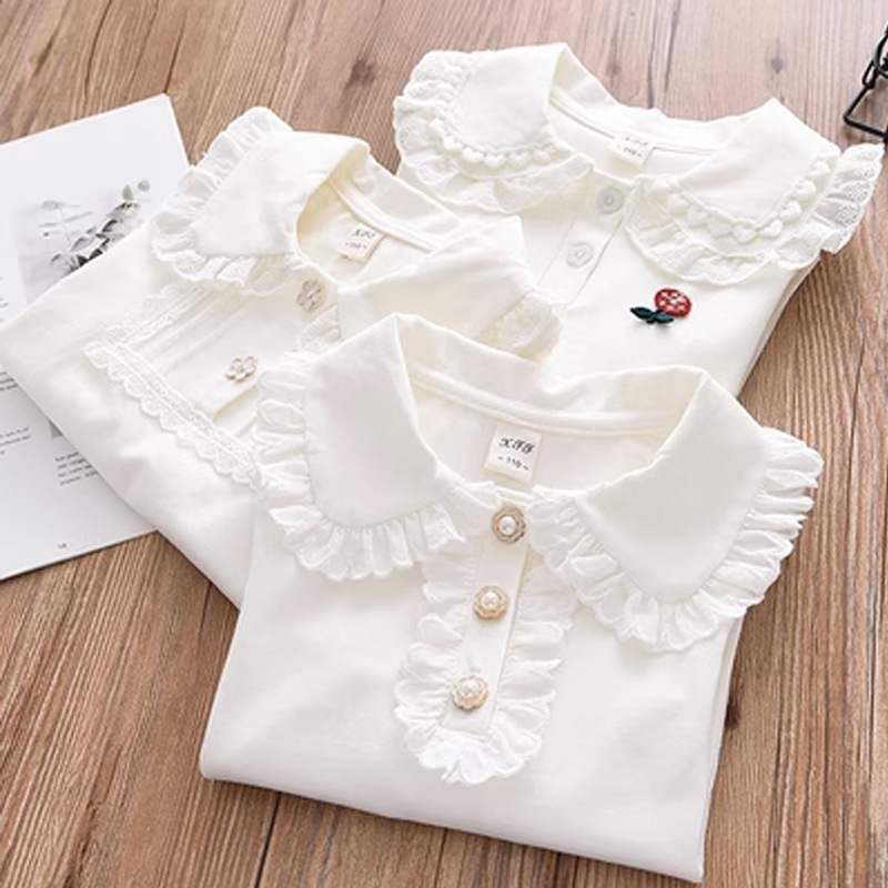 Girls' white round neck bottoming shirt middle and big children's embroidered shirt children's large lace collar doll shirt cotton top