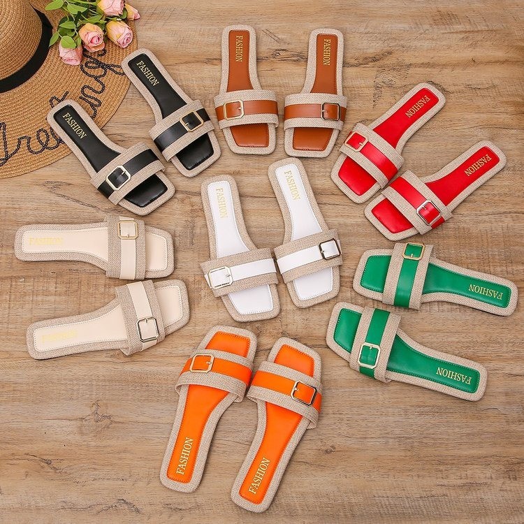 2024 nieuwe klassieke kleurenschema sandaal dames riemgesp grote casual strandslippers met platte bodem_voghion.com