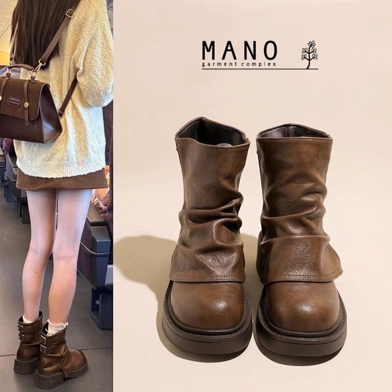 2025 New Style Pleated Round-Toe Thick-Soled British-Style Booties for Spring and Summer, Chunky Heel Fashion Boots, Platform Short Boots, Slouchy Boots 2025 New Style Pleated Round-Toe Thick-Soled British-Style Booties for Spring and Summer, Chunky Heel Fashion Boots, Platform Short Boots, Slouchy Boots