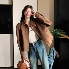 咖色鹿皮绒短款外套女春秋新款韩系美拉德复古小个子休闲夹克上衣