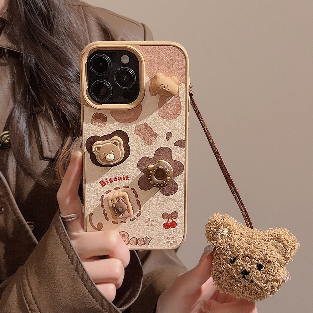 Funda de Teléfono 3D con Diseño de Oso de Galleta para iPhone 16, 17 Pro Max, 13, Compatible con iPhone 15, con Cordón Bonito, 12, Rígida