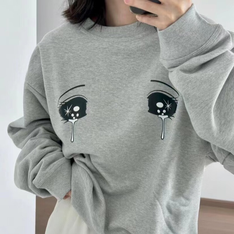 Korean Niche Designer 2026 Spring New Original Design Beautiful Girl Tears Print Loose Pullover Sweatshirt
