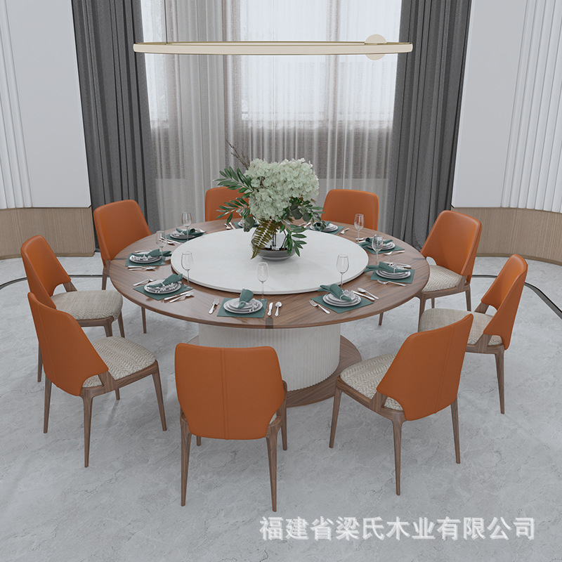 New Chinese solid wood large round table model house villa table hotel box dining table light luxury electric turntable round table