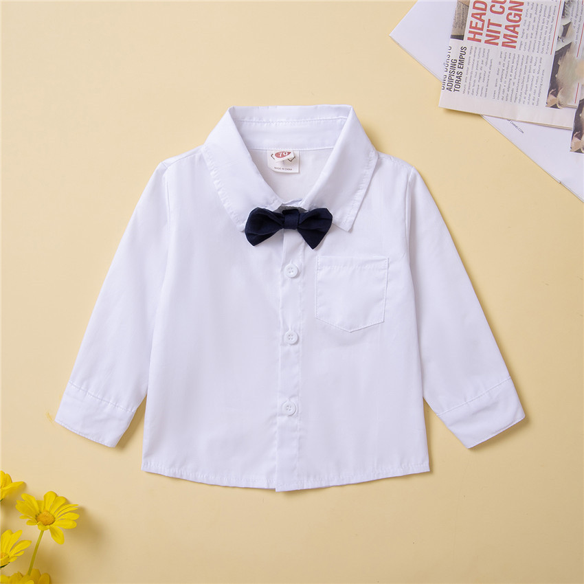 Spring and Autumn New Gentleman's Set Fashion Boys' Baby White Tie Shirt+Strap Pants_voghion.com