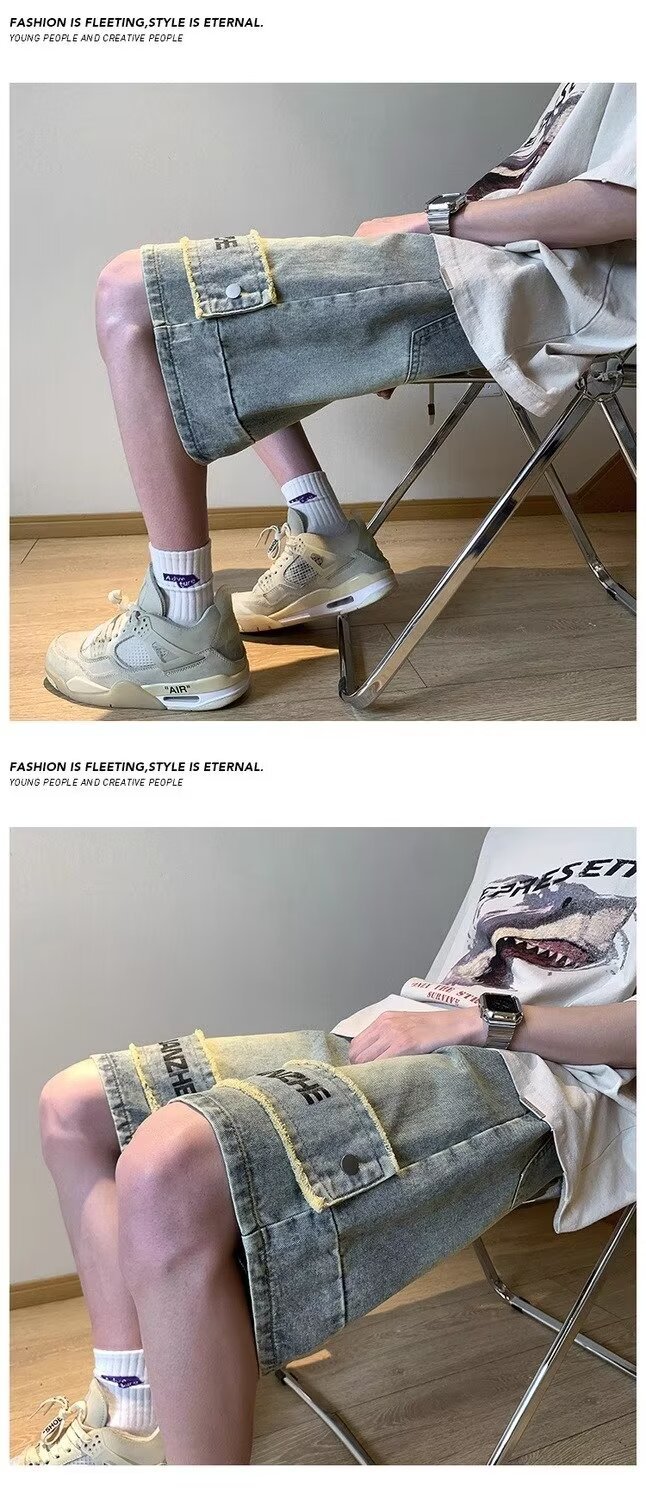 Men's Style Washed Distressed Denim Shorts Niche Design High Street Muddy Wide Leg Straight Leg Five Point Pants_mkmklike.com