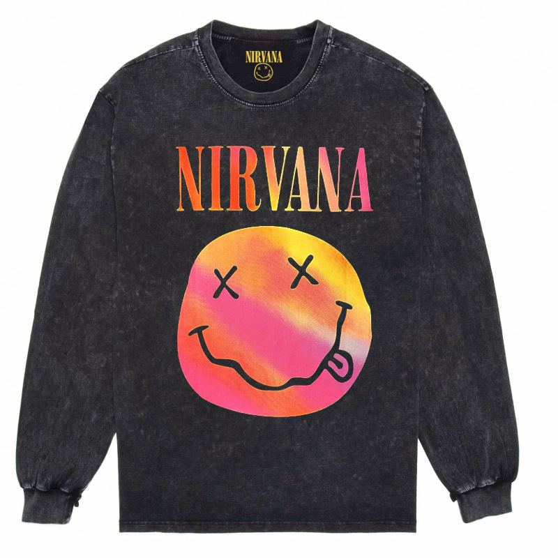 Nirvana Vintage American retro apenado rock punk angustiado lavado batik Camiseta de manga larga