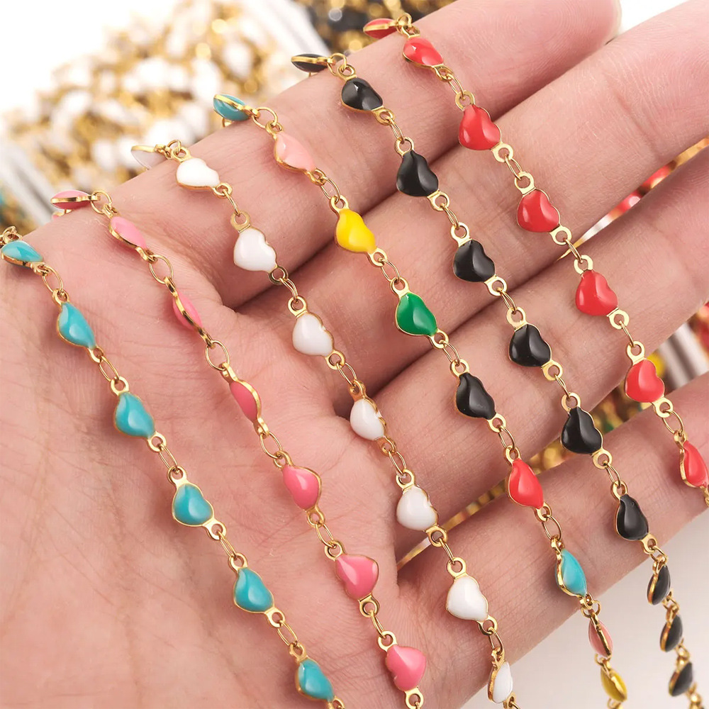 Cadena de esmalte europea y americana, cadena de aceite de gota de acero inoxidable con retención de color, cadena de corazón de melocotón de color, cadena de joyería de bricolaje, collar, pulsera, cadena