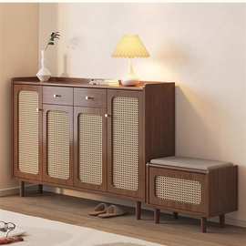 藤编鞋柜家用门口楼道外实木入户玄关柜一体复古收纳柜阳台储物柜