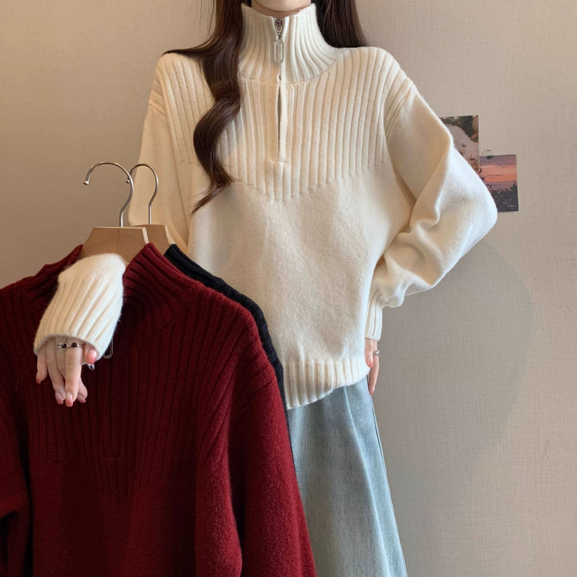 半拉链翻领内搭毛衣女秋冬2026爆款大码胖mm红色本命年针织衫上衣