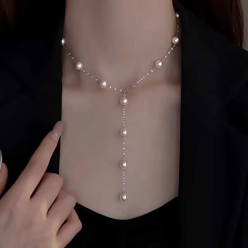 Gypsophila Pearl Necklace Women's Titanium Steel Perfect Round Light Luxury Necklace Niche High-End Clavicle Chain Sweater Chain