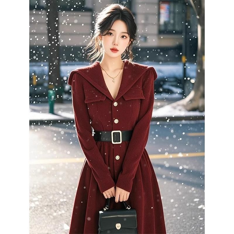超好看独特红色长袖连衣裙女2025春秋新款漂亮新年收腰漂亮长裙子|undefined