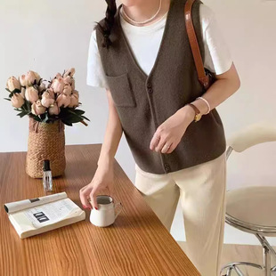 Korean Style Solid Color Pocket Knitted Vest Cardigan Women's Early Autumn New Loose All-match V-neck Sleeveless Sweater Vest