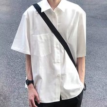 2025新款夏季痞帅宽松纯白色潮流感衬衫男士短袖休闲衬衣一件代发