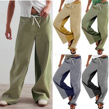 条纹阔腿牛仔裤女装欧美跨境春秋休闲宽松拼色显瘦直筒垂感裤059