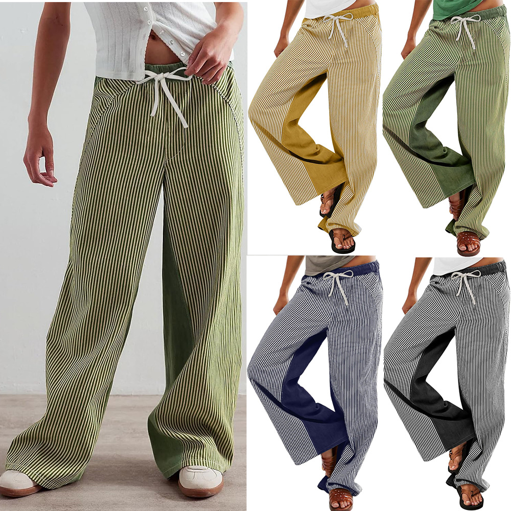 条纹阔腿牛仔裤女装欧美跨境春秋休闲宽松拼色显瘦直筒垂感裤059