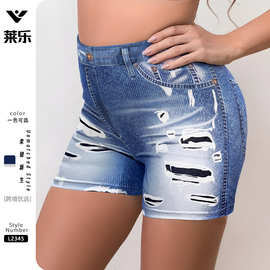 跨境仿牛仔短裤女欧美街头辣妹破洞牛仔短裤春夏高弹提臀运动短裤