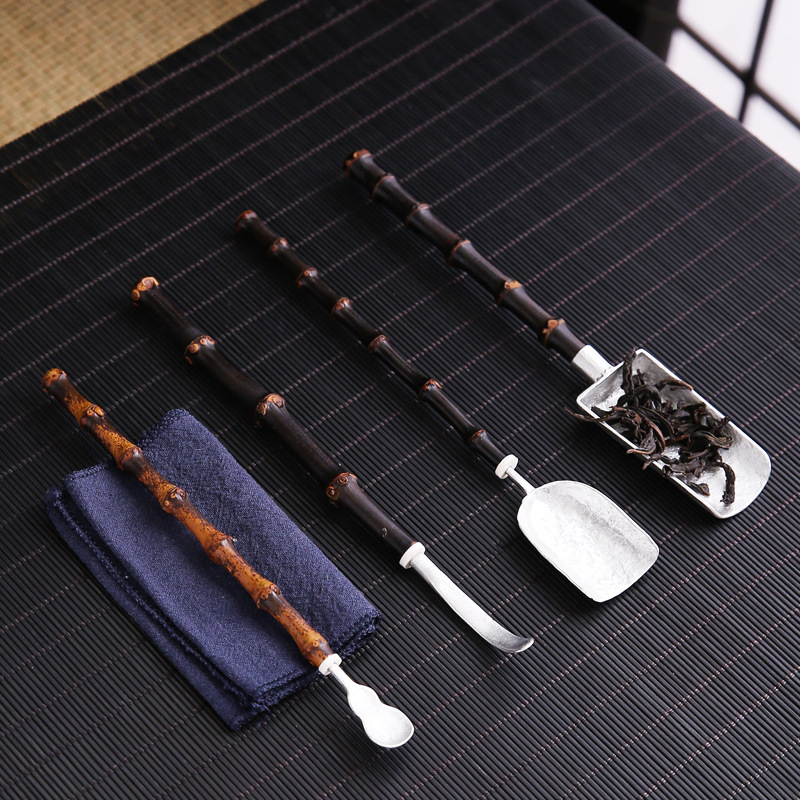 Purple bamboo whip pure tin tea plucking tea spoon tea shovel bamboo tin tea plucking high-end six-jun tea ceremony zero wholesale