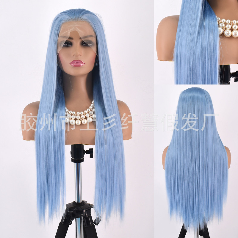 New Wig Front Lace Women's Long Straight Hair Blue Large Hand Hook Matte High Temperature Chemical Fiber Silk Headgear Manufacturer Wholesale