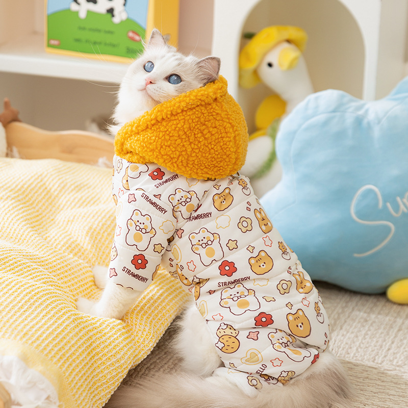Otoño y invierno, gatos con impresión de algodón de tracción, ropa de algodón de cuatro patas, gatos sin pelo, ropa de peluche más cálida que osos, mascotas