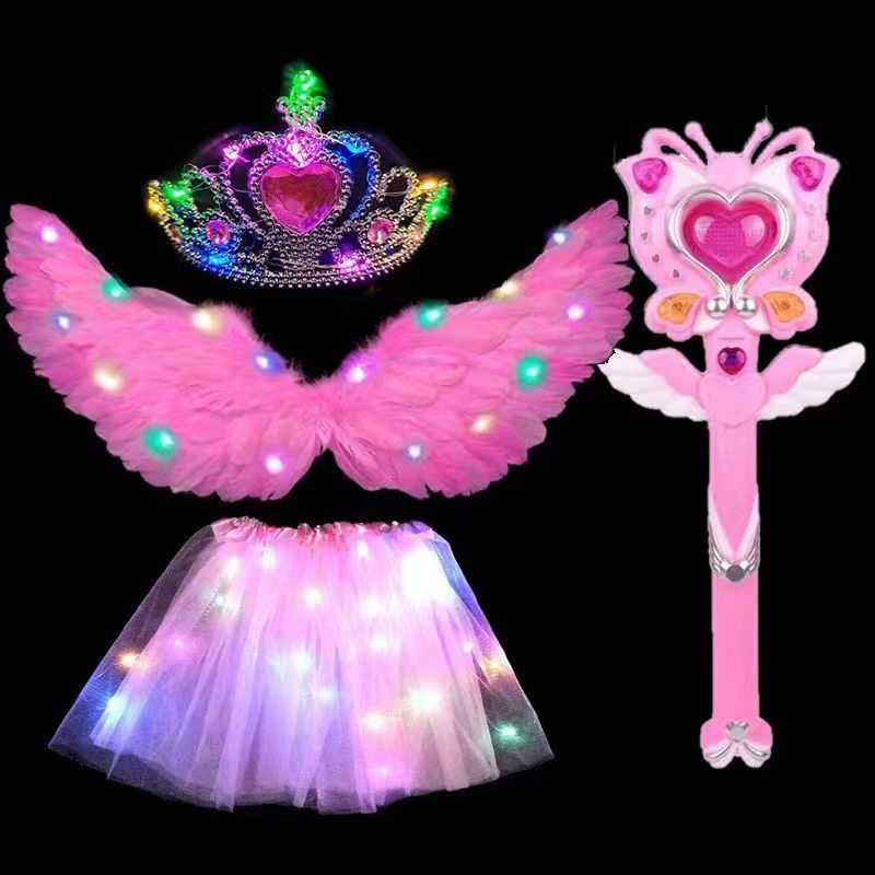 Alas de plumas luminosas Rosa + falda de luz + Corona de luz + palo de mariposa