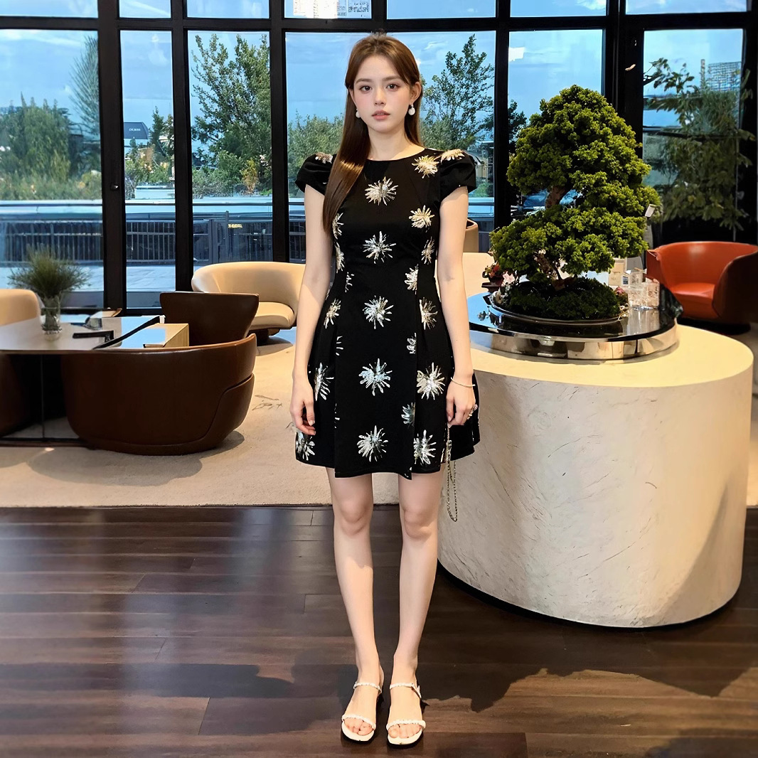 Đầm ngắn tay sequin đen thiết kế kiểu Pháp thắt eo cao — Màu đen