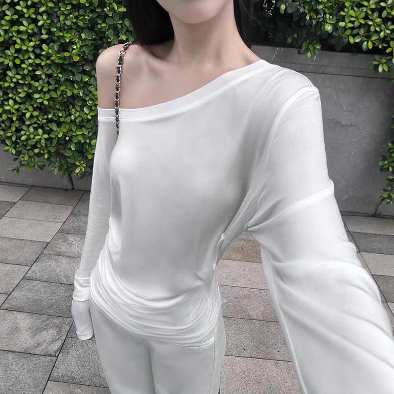 5werkwen 懒懒斜肩T 天丝莱赛尔长袖防晒T|undefined
