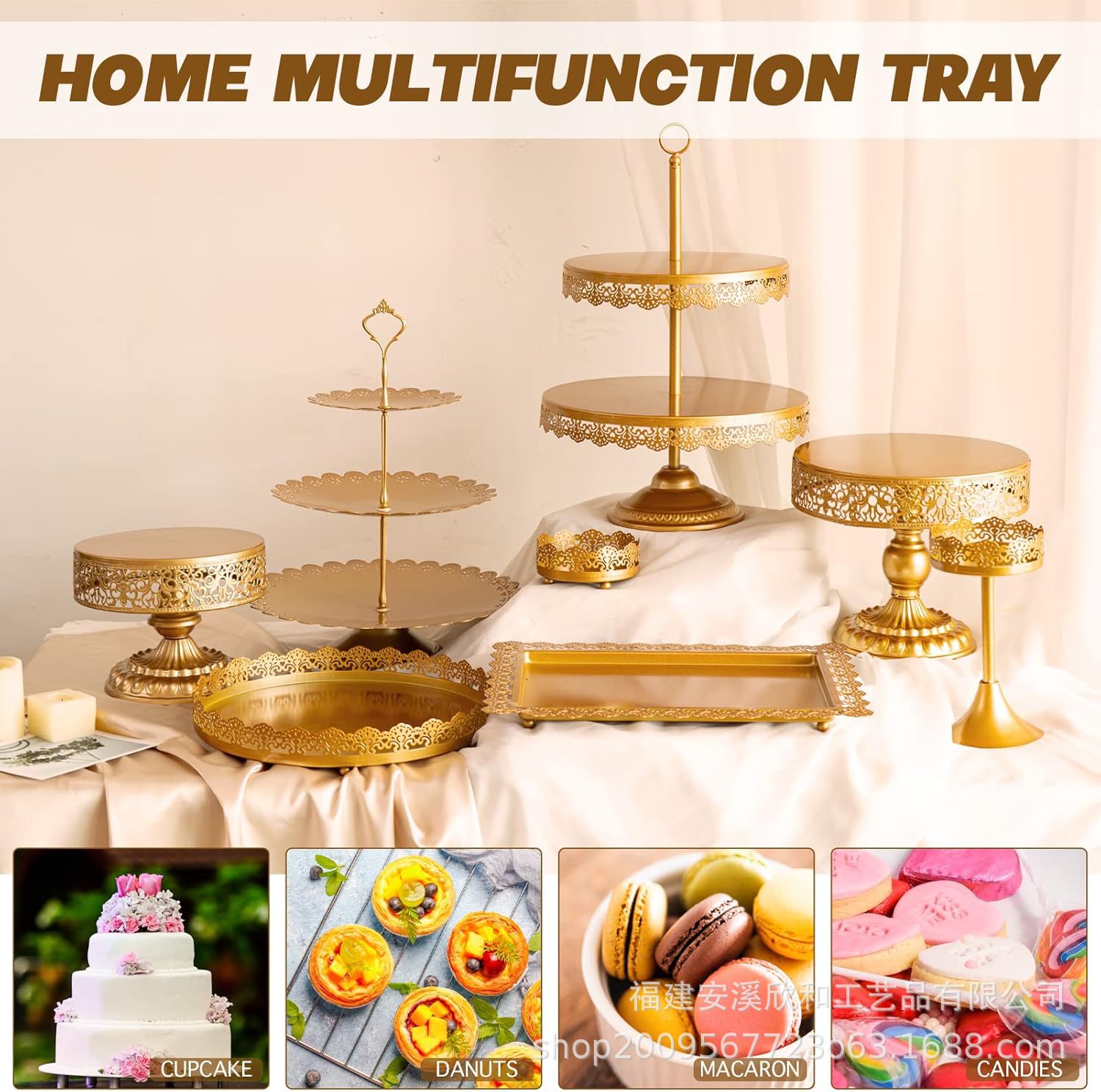 Dorado hierro forjado mesa de postres decorativa estante de exhibición bandeja de pastel de estilo europeo de la tarde refresco mesa de comida fría mesa de té