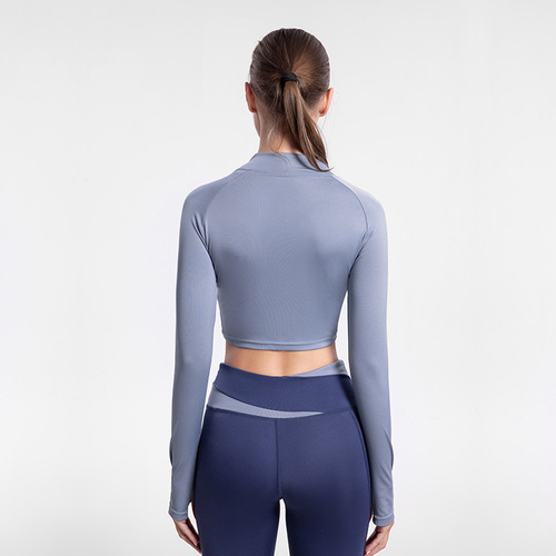 Color-blocked tight-fitting short navel-baring sports yoga jacket top for women, skin-friendly nude high-neck quick-drying outdoor fitness clothing