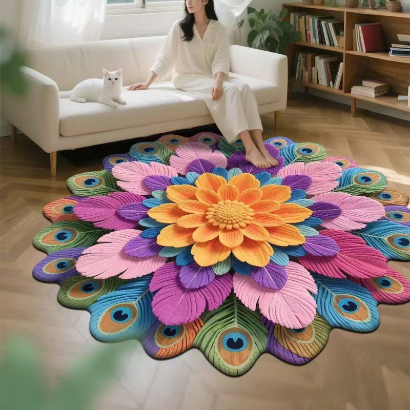 3D效果孔雀花卉圆形水晶绒印花地毯家用装饰客厅防滑易打理沙发毯|undefined