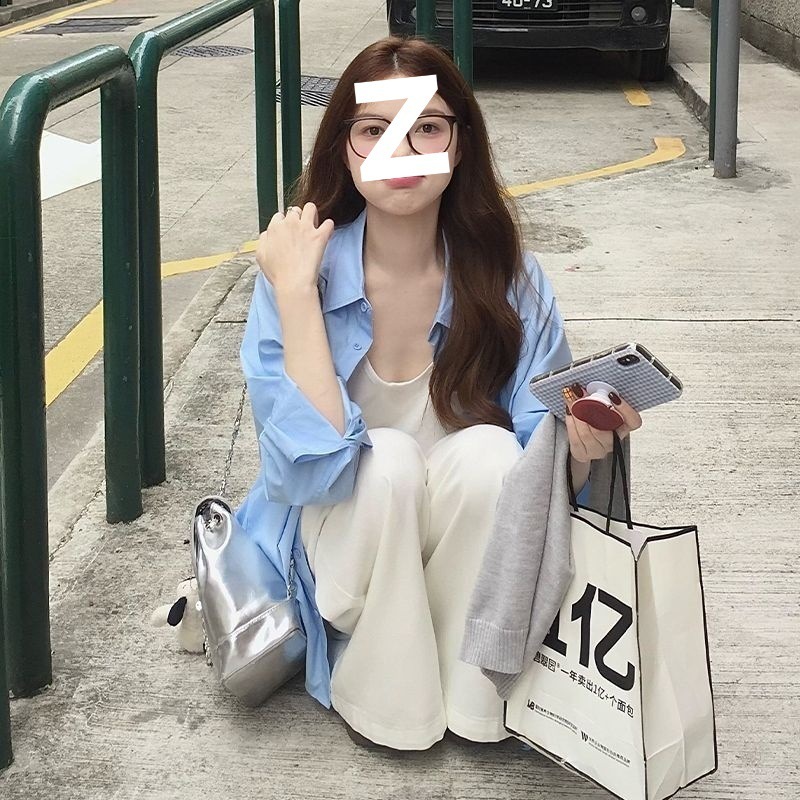 春季高级浅蓝色衬衫女长袖外穿宽松学生打底盐系韩版衬衣上衣洋气|undefined