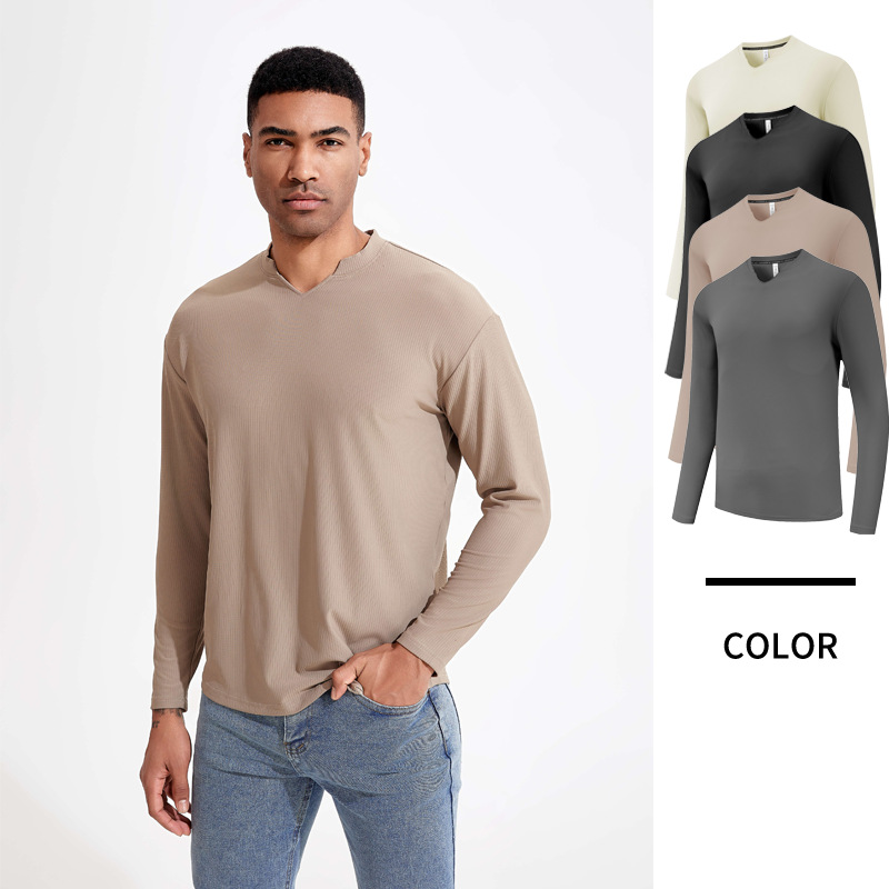 헤비급 270g 플리츠 v 넥 긴팔 루즈 스트라이프 티셔츠 남성용 게으른 스타일 고탄력 대형 피트니스 스포츠 탑