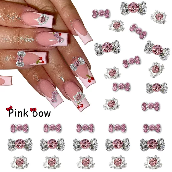 Cross-Border New Hello Kitty Alloy Nail Art Jewelry Sparkling Three-Dimensional Pink Diamond Bow Cat Nail Decoration Accessories