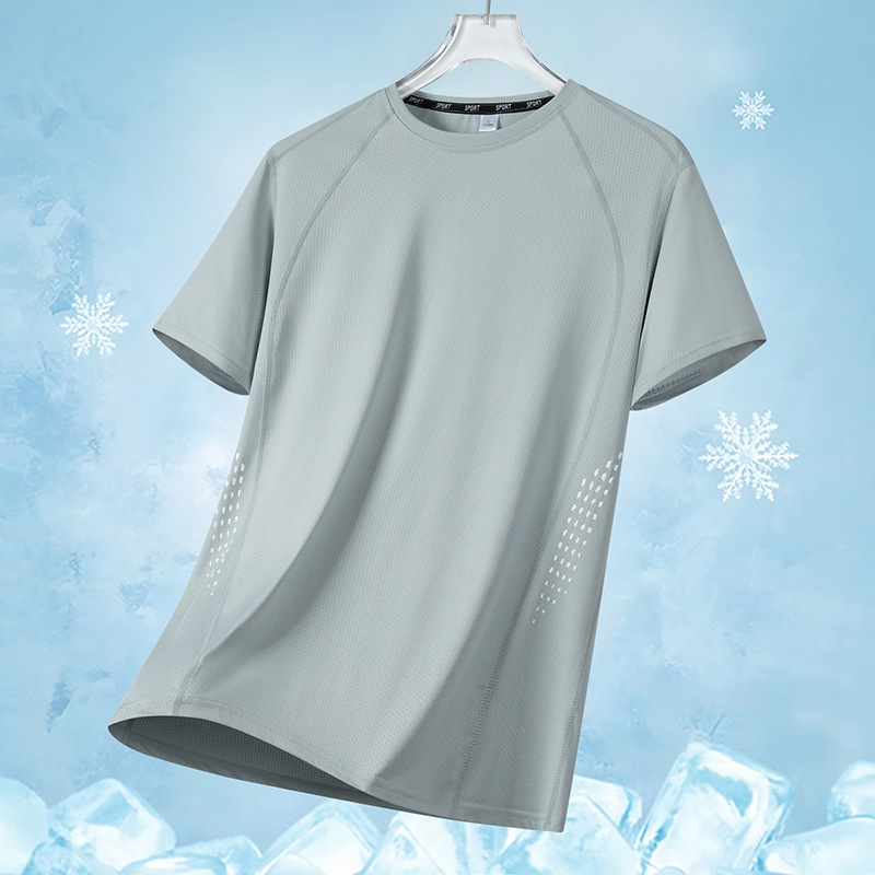 Camiseta de manga corta de secado rápido de seda de hielo de cuatro agujas y seis líneas para hombre