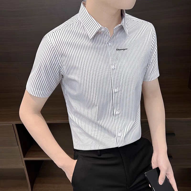 夏薄いハイエンドストライプ半袖アイスシルクシャツメンズ新しいファッショントレンディなブランド紳士服ビジネススリムシャツ|undefined