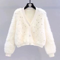 仿水貂绒毛衣外套女小香风钉珠秋冬新款领针织开衫宽松短款上衣