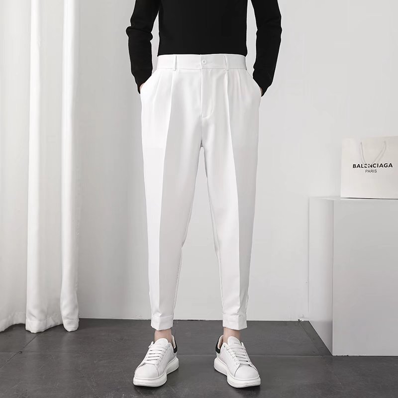 Pantalones casuales de color sólido de velcro para hombres pantalones hasta el tobillo estilo británico sin planchar nuevos pantalones de traje maduro ligero simple image 5