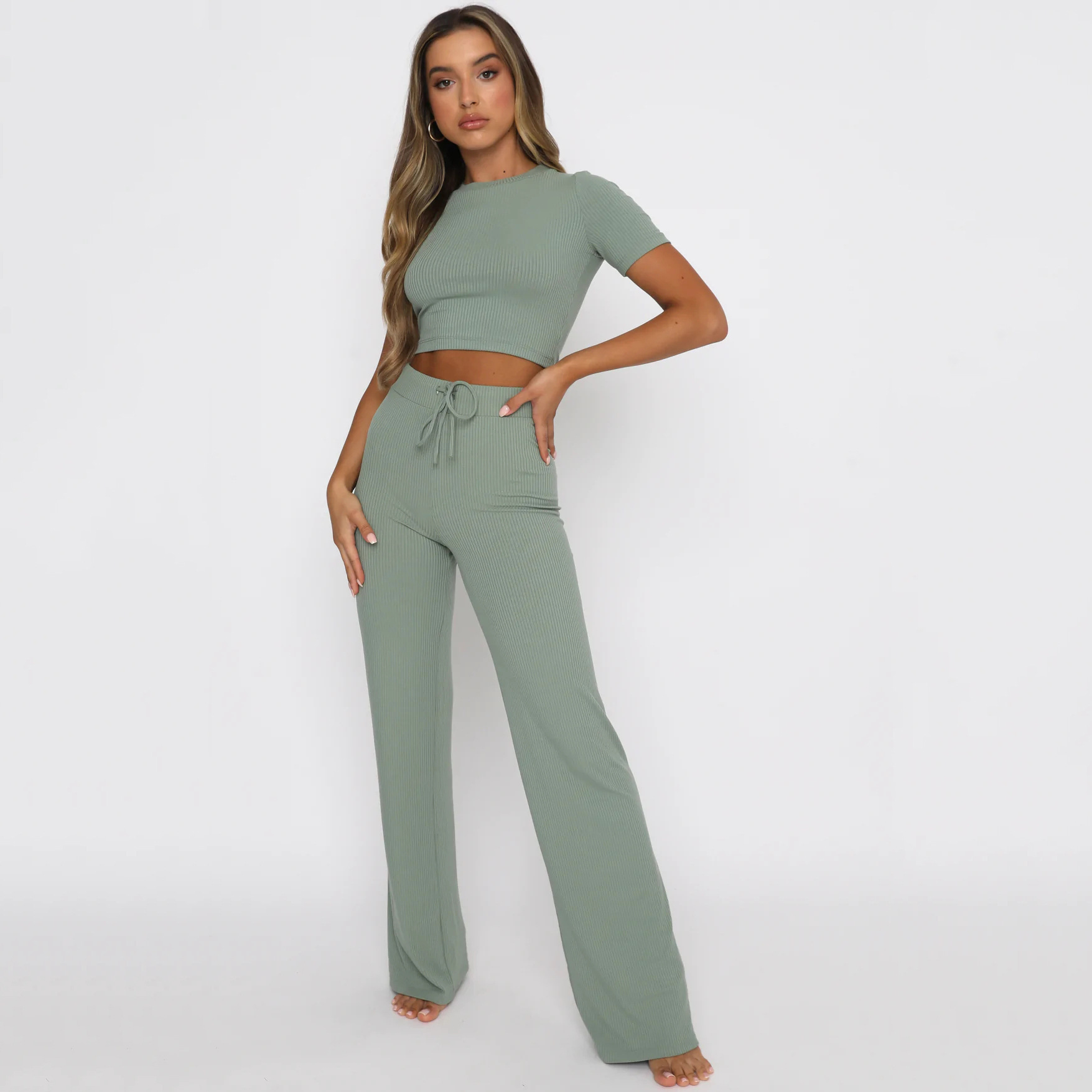 350g Weight Short Sleeve Sleeve Length Polyester Fabric Type Pant Co-ord Set Sets Type 2 Pieces Set Quantity Holiday, Daily Occasion Round Neck Neckline Slim Fit Type Solid Color Pattern Spring Season Women's Gender Streetwear Style Holiday Daily Women's Streetwear Solid Color Polyester Pant Co-ord Set Pants Sets 60