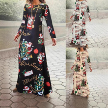 跨境亚马逊印花外贸秋冬女装中东热卖圆领长袖连衣裙圣诞款