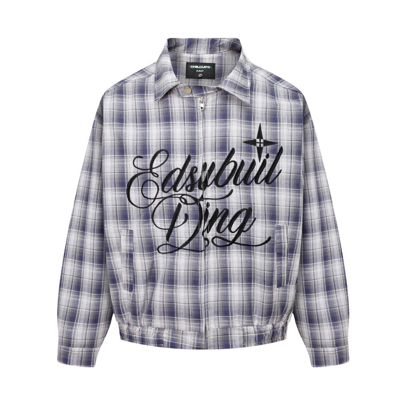 Men's Clothing Autumn High Street Hierarchical Letter Embroidered Plaid Loose Shirt Trendy Brand Casual All-match Neutral Style Shirt_voghion.com