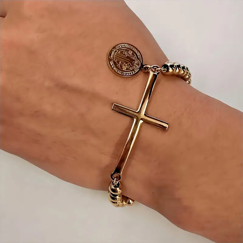 19g Weight Vintage Style Classic Style Cross 304 Stainless Steel Beaded Chain Bracelets In Bulk