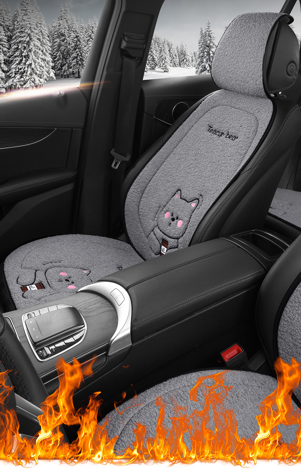 Wholesale New Four-Season Universal Car Seat Cushion Non-Slip Wear-Resistant Short Plush Cartoon Bear Three-Piece Set Factory Direct Sale