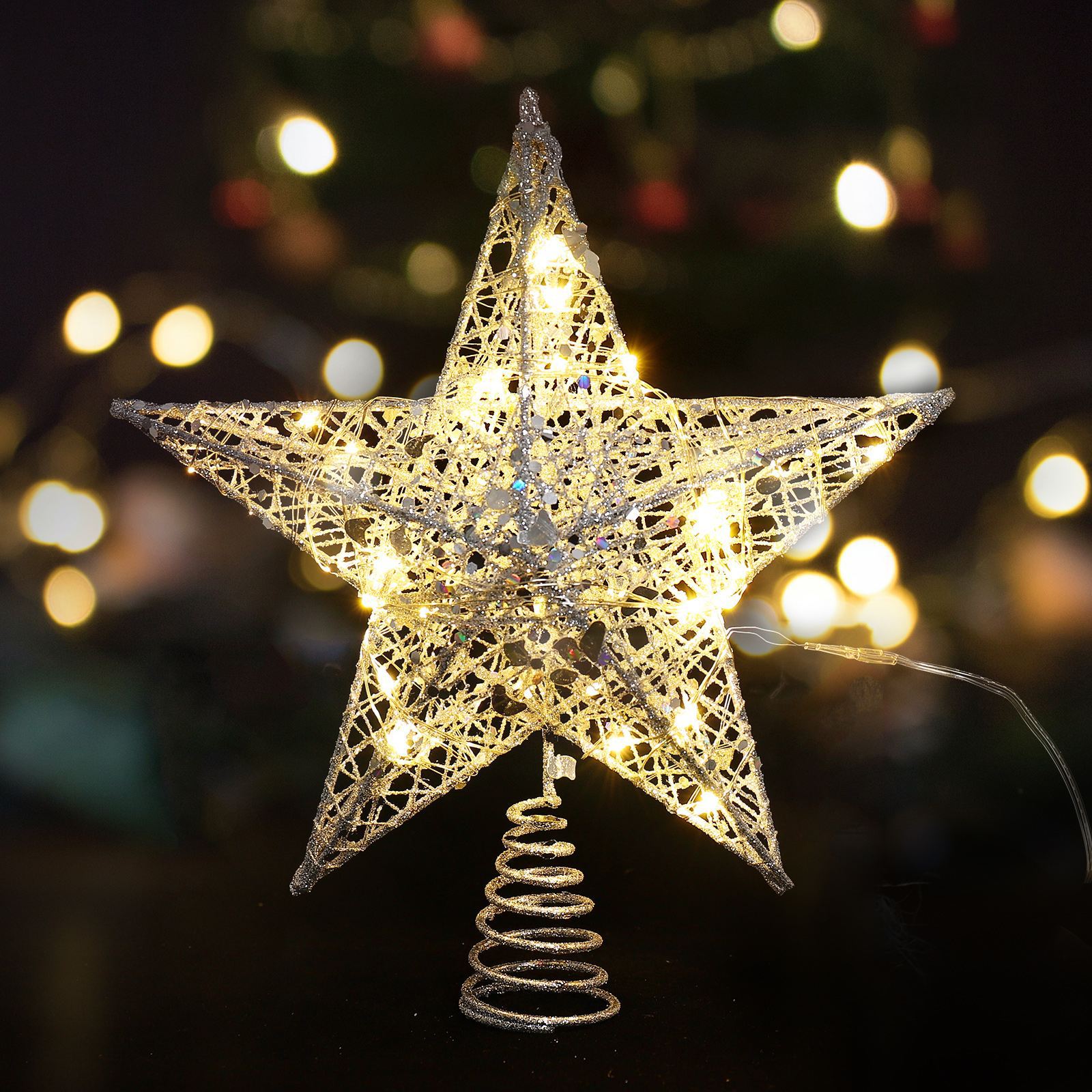 Amazon nuevo árbol de Navidad decorativo luz LED alambre de cobre estrella Luz de hierro brillo árbol de Navidad estrella superior con cadena de luz