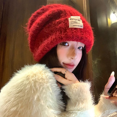 韩版百搭贴标针织毛线帽秋冬复古大头围包头帽户外休闲防风保暖帽