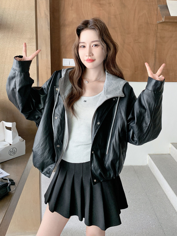 黑色假两件连帽皮衣外套女秋季2025新款复古休闲甜酷减龄短款夹克|undefined