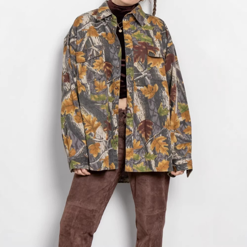 Forest Camouflage Print Shirt Jacket, Unisex Loose Fit, Turn-Down Collar, Padded Workwear Top, Cross-Border European and American Women's Fashion