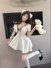 Deep V-neck， waistband， slim bow， A-line dress