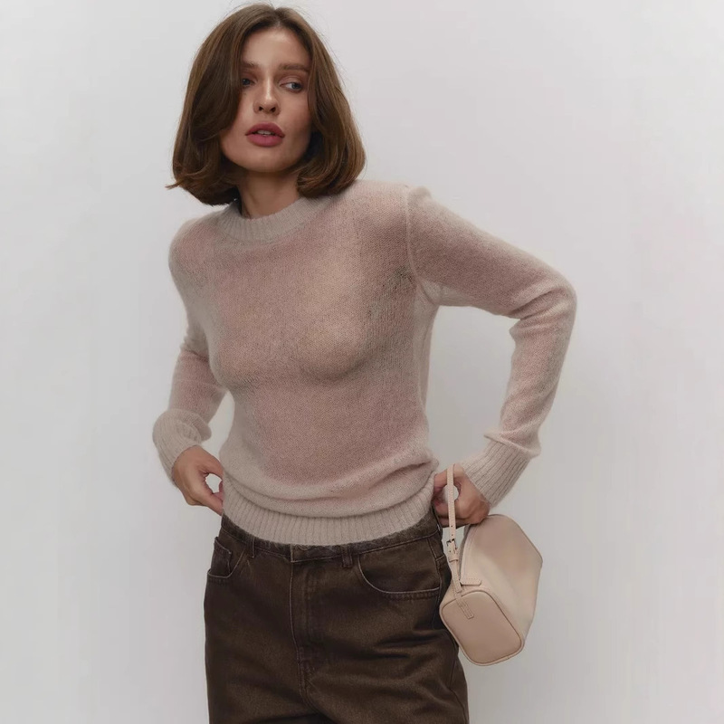 Cross-Border Mohair Round Neck Pullover Sweater European and American 2025 Spring and Summer New Style Comfortable Knitted Bottoming Semi-Transparent Sweater for Women